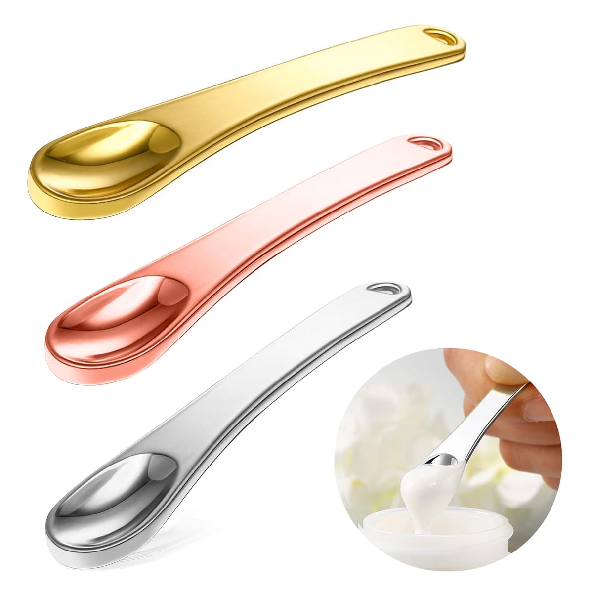 MAYCREATE 3Pcs Mini Metal Cosmetic Skincare Spatula, Mask facial Reusable Spoon, Makeup Beauty Spoons for Facial Cosmetic for Face Mask Cream Lotions Moisturizers MAYCREATE 3Pcs Mini Metal Cosmetic Skincare Spatula, Mask facial Reusable Spoon, Makeup Beauty Spoons for Facial Cosmetic for Face Mask Cream Lotions Moisturizers